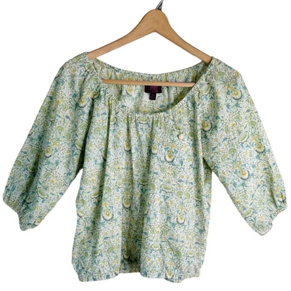 J. Crew Liberty Fabrics Art Nouveau Peasant Blouse XS Green Floral 3/4 Sleeves